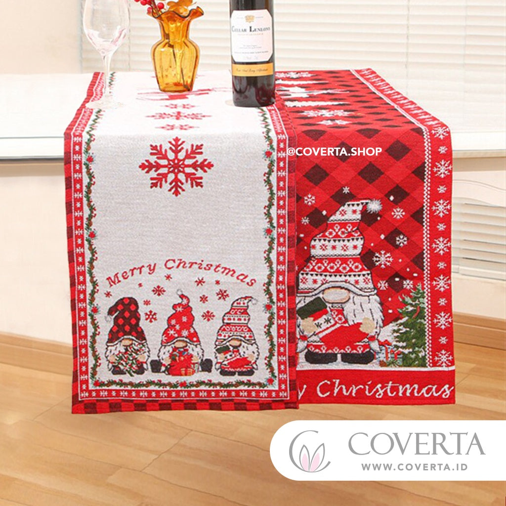 Table Runner Christmas Motif Kurcaci Dekorasi Natal | Taplak Meja Natal Tenun Santa Claus 34x180cm